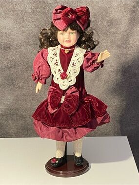 Vintage 18" Porcelain Doll Burgundy Velvet Dress Lace Trim Green Eyes W/ Stand